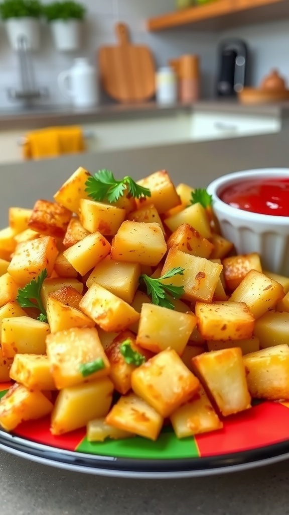 Crispy Air Fryer Potatoes for Kids Crispy air fryer potatoes served on a colorful plate with parsley and ketchup.